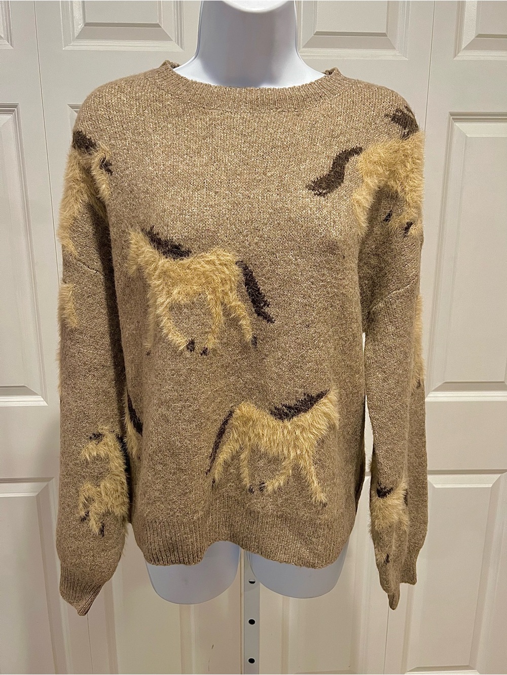 1 Dreamers By Debut Cozy Tan Novelty Fuzzy Horse Motif Sweater - Women